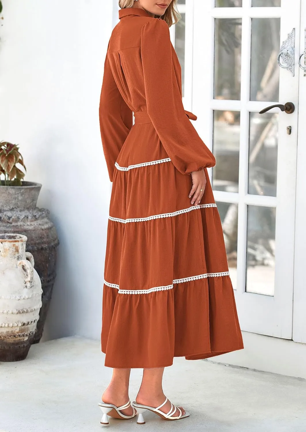 PRETTYGARDEN Womens Casual Dresses Loose Belted Long Lantern Sleeve Tiered Button Down Maxi Shirt Dress with Pockets