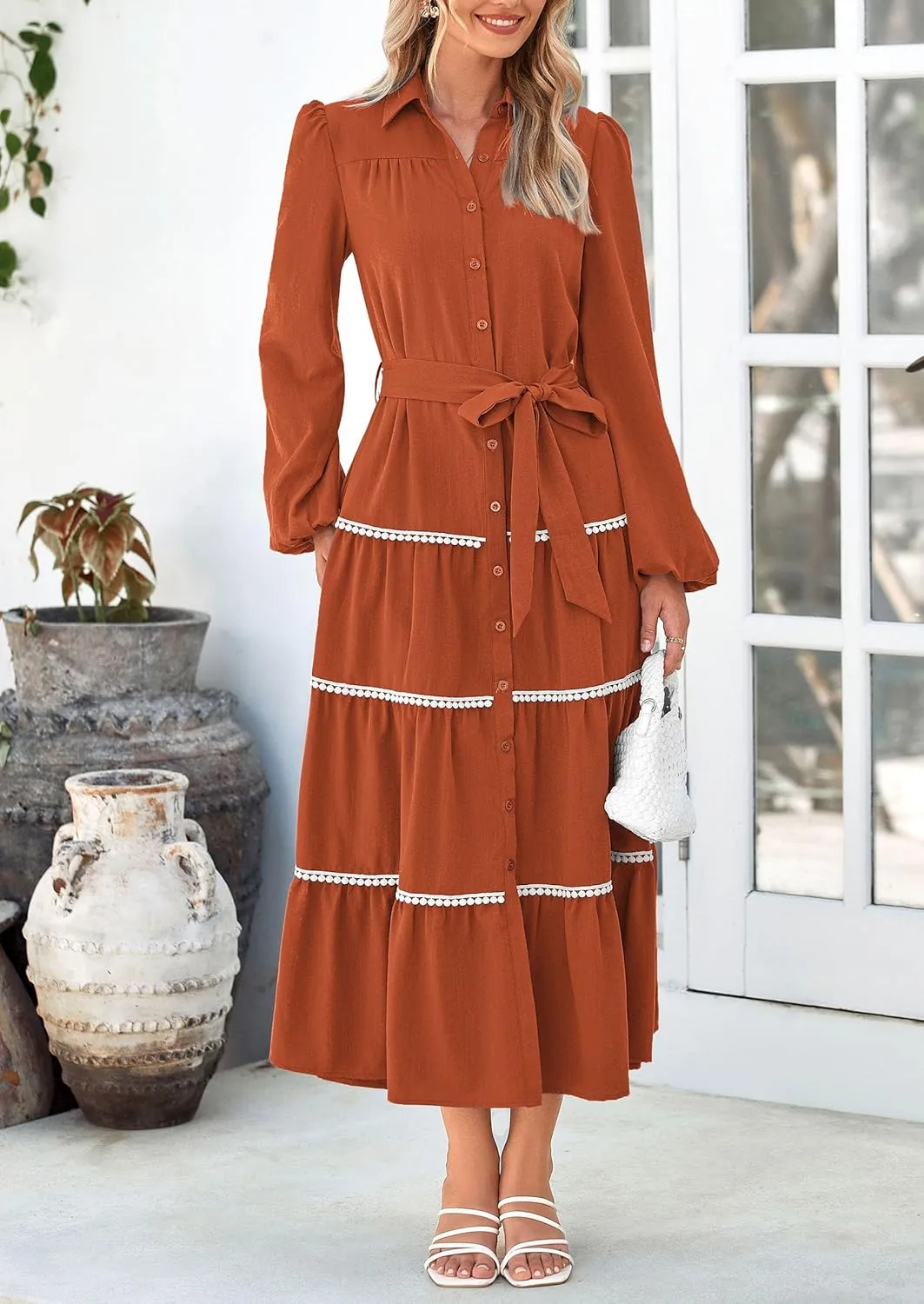 PRETTYGARDEN Womens Casual Dresses Loose Belted Long Lantern Sleeve Tiered Button Down Maxi Shirt Dress with Pockets