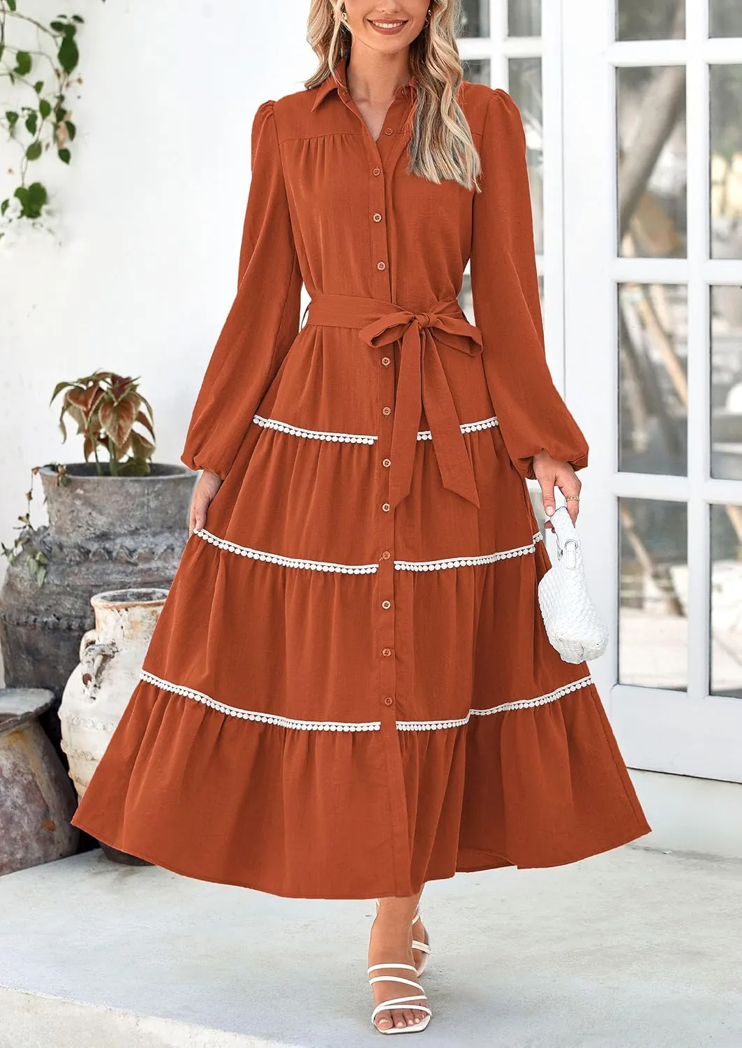 PRETTYGARDEN Womens Casual Dresses Loose Belted Long Lantern Sleeve Tiered Button Down Maxi Shirt Dress with Pockets