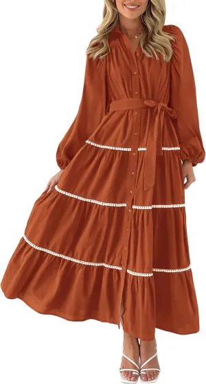 PRETTYGARDEN Womens Casual Dresses Loose Belted Long Lantern Sleeve Tiered Button Down Maxi Shirt Dress with Pockets