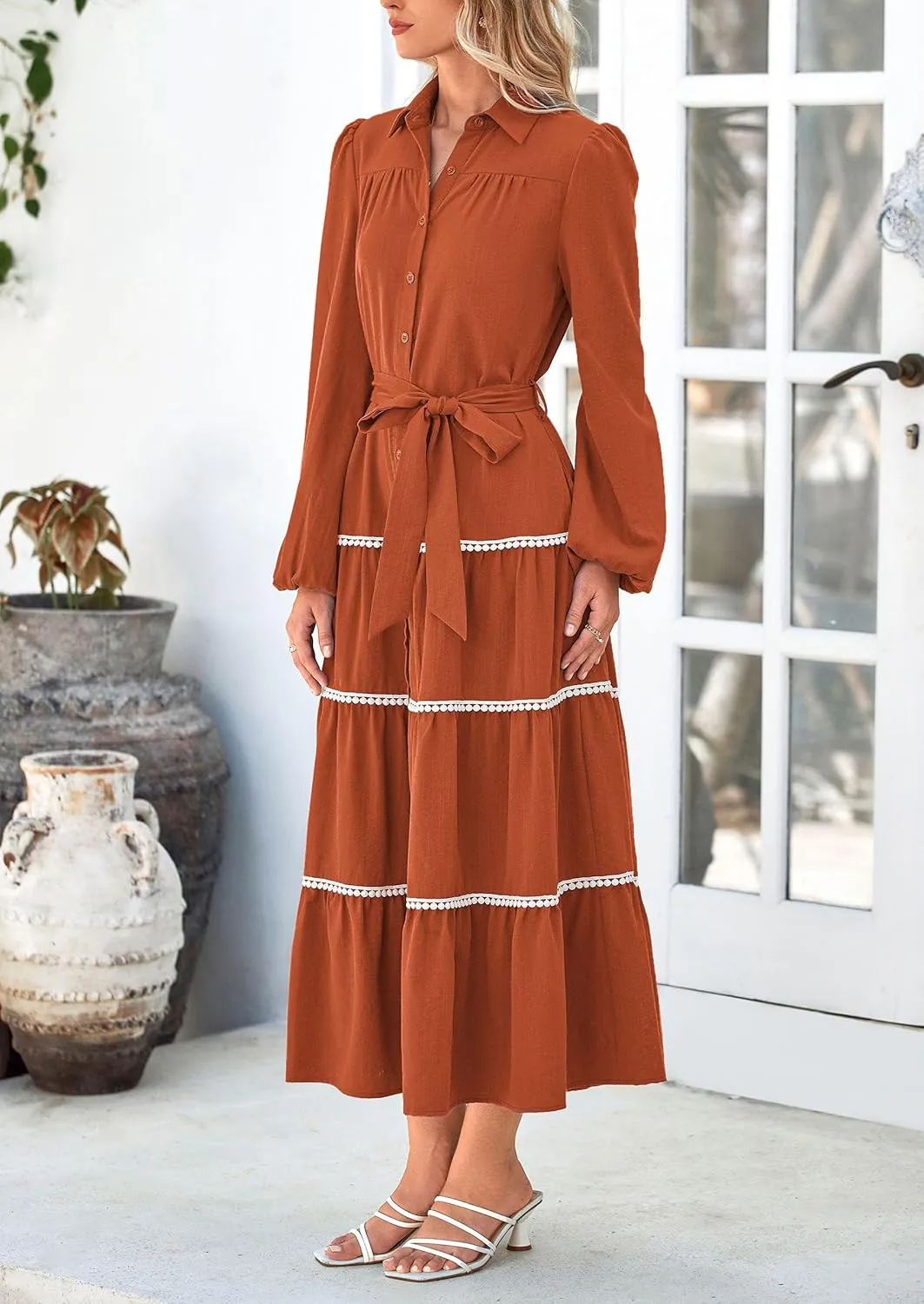 PRETTYGARDEN Womens Casual Dresses Loose Belted Long Lantern Sleeve Tiered Button Down Maxi Shirt Dress with Pockets