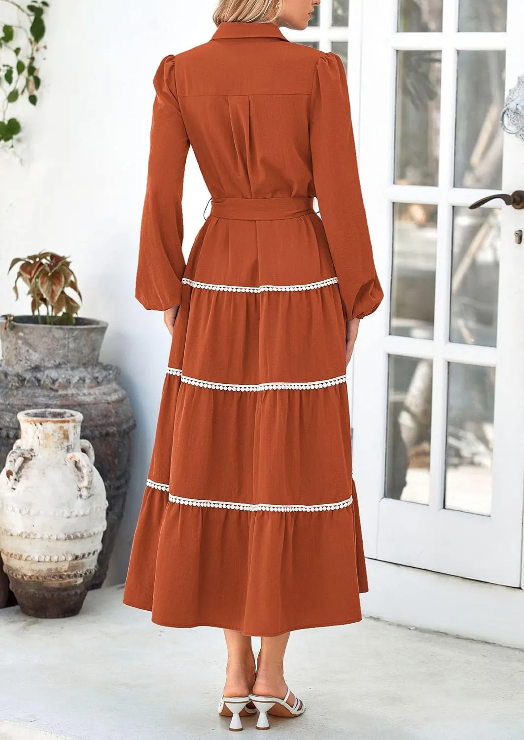 PRETTYGARDEN Womens Casual Dresses Loose Belted Long Lantern Sleeve Tiered Button Down Maxi Shirt Dress with Pockets