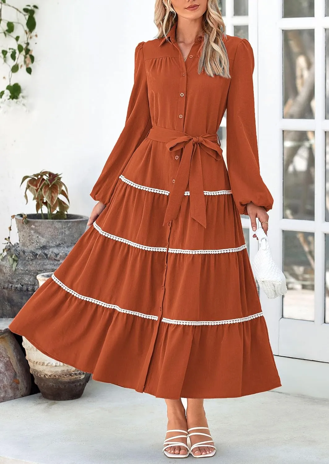 PRETTYGARDEN Womens Casual Dresses Loose Belted Long Lantern Sleeve Tiered Button Down Maxi Shirt Dress with Pockets