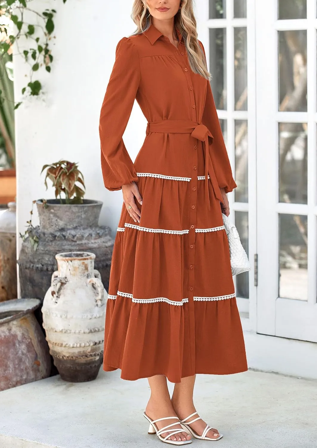 PRETTYGARDEN Womens Casual Dresses Loose Belted Long Lantern Sleeve Tiered Button Down Maxi Shirt Dress with Pockets