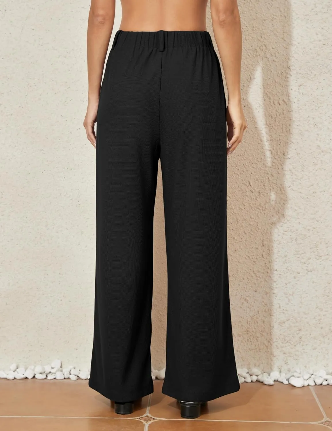PrettyGuide Women's Wide Leg Dress Pants Elastic High Waisted Waffle Knit Work Pants Casual Palazzo Trousers with Pockets