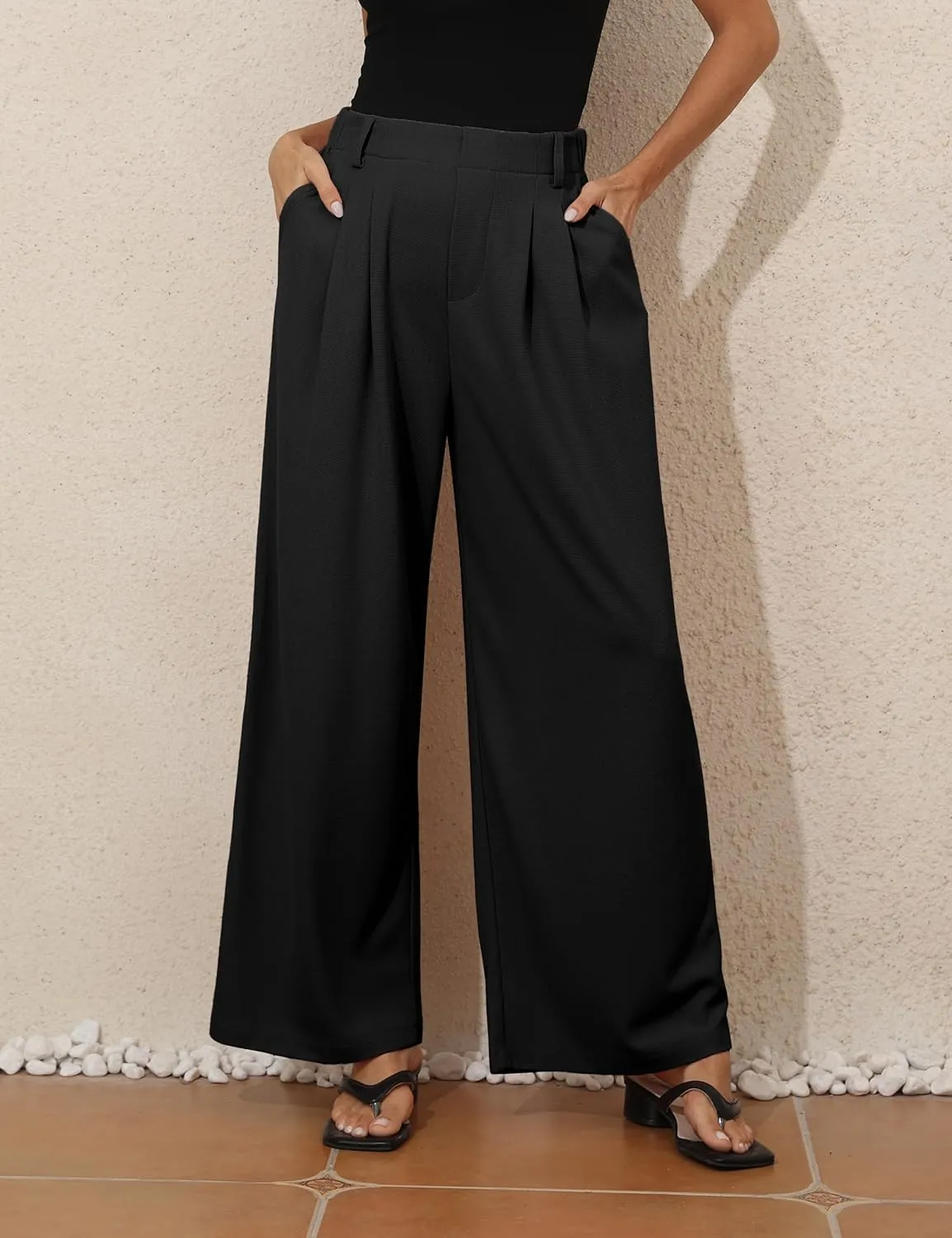 PrettyGuide Women's Wide Leg Dress Pants Elastic High Waisted Waffle Knit Work Pants Casual Palazzo Trousers with Pockets