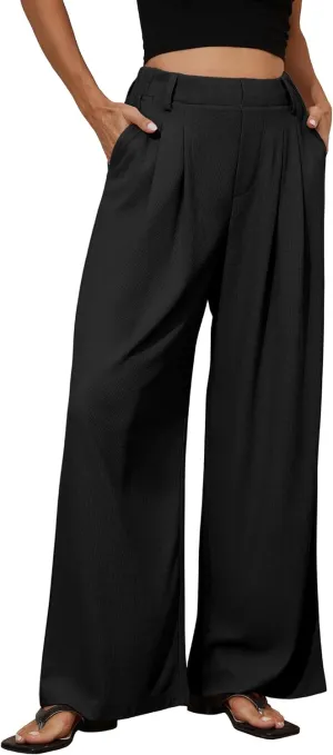 PrettyGuide Women's Wide Leg Dress Pants Elastic High Waisted Waffle Knit Work Pants Casual Palazzo Trousers with Pockets