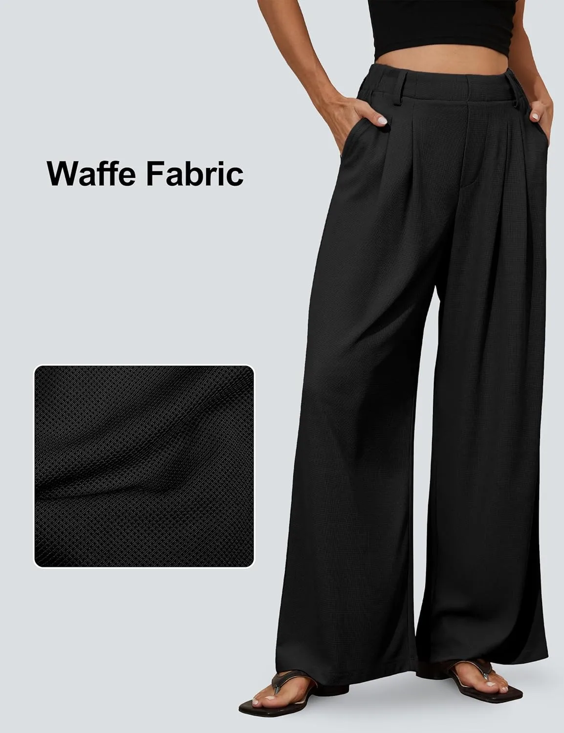 PrettyGuide Women's Wide Leg Dress Pants Elastic High Waisted Waffle Knit Work Pants Casual Palazzo Trousers with Pockets