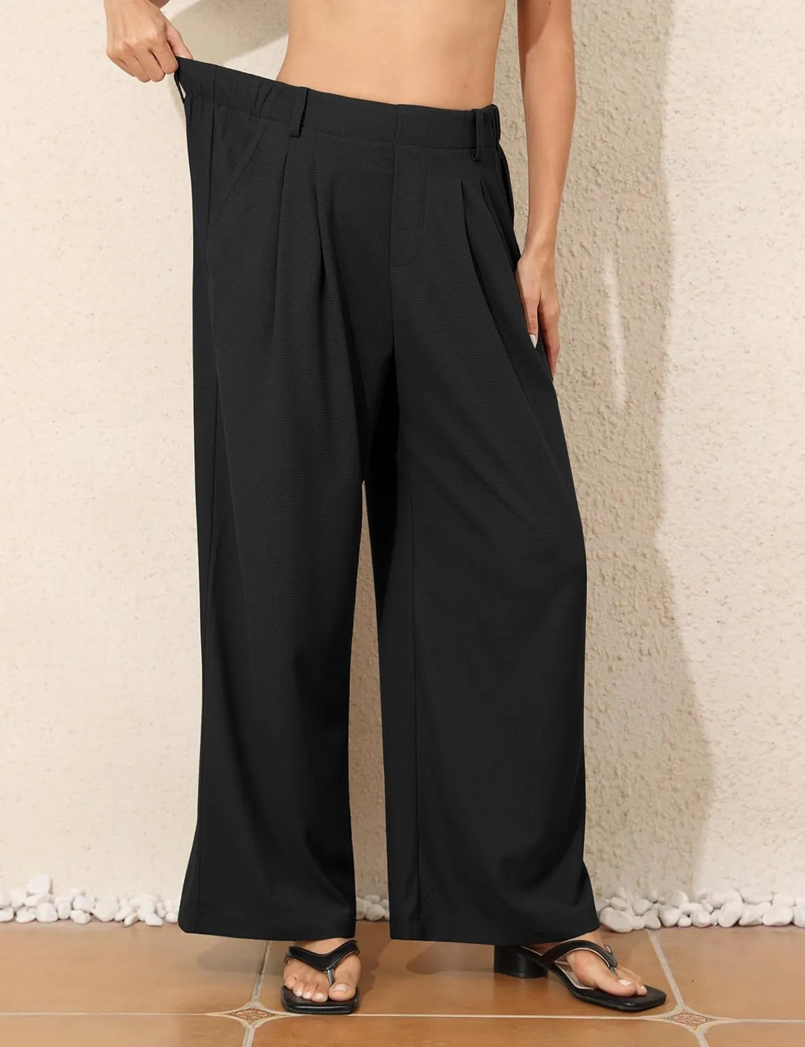 PrettyGuide Women's Wide Leg Dress Pants Elastic High Waisted Waffle Knit Work Pants Casual Palazzo Trousers with Pockets