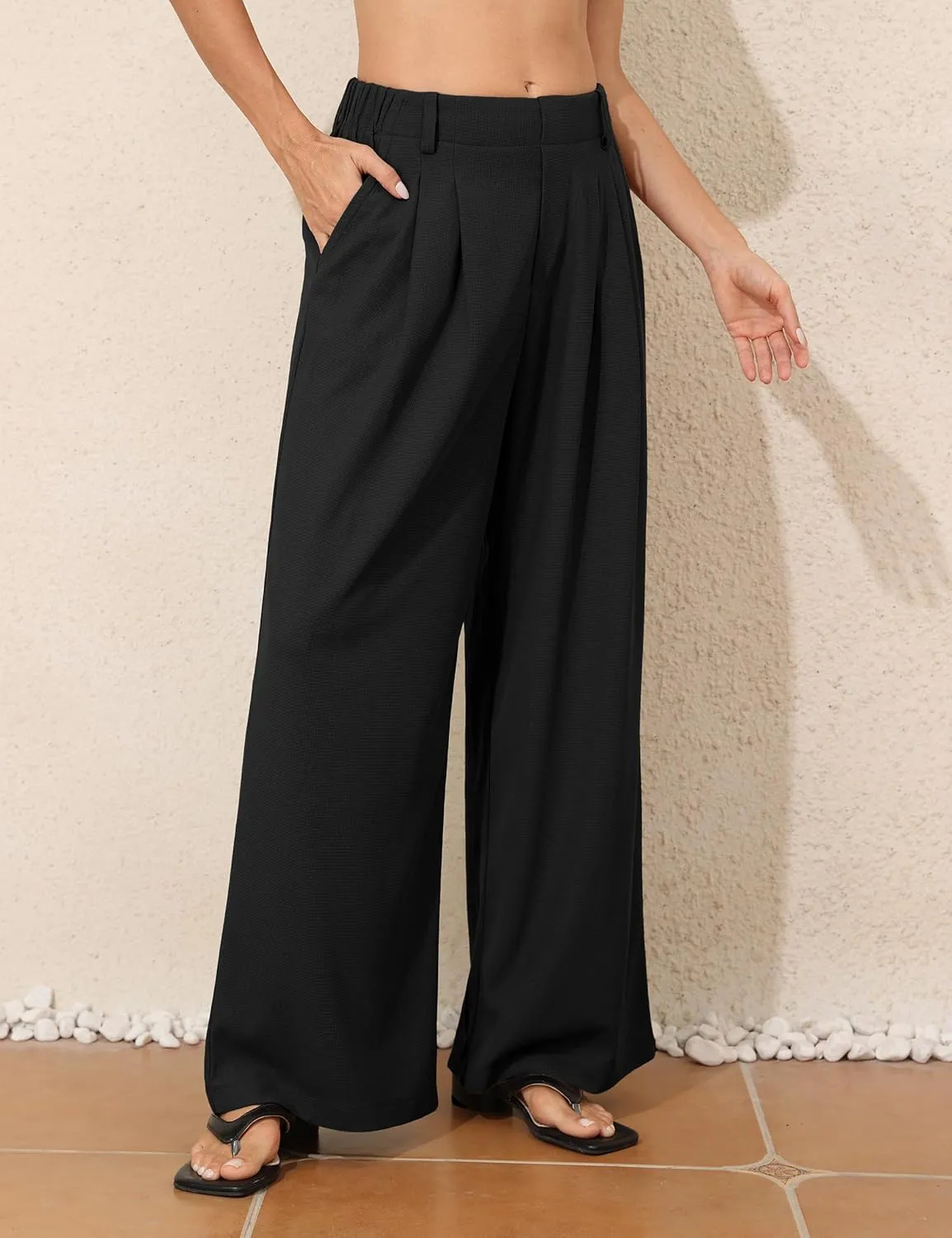 PrettyGuide Women's Wide Leg Dress Pants Elastic High Waisted Waffle Knit Work Pants Casual Palazzo Trousers with Pockets
