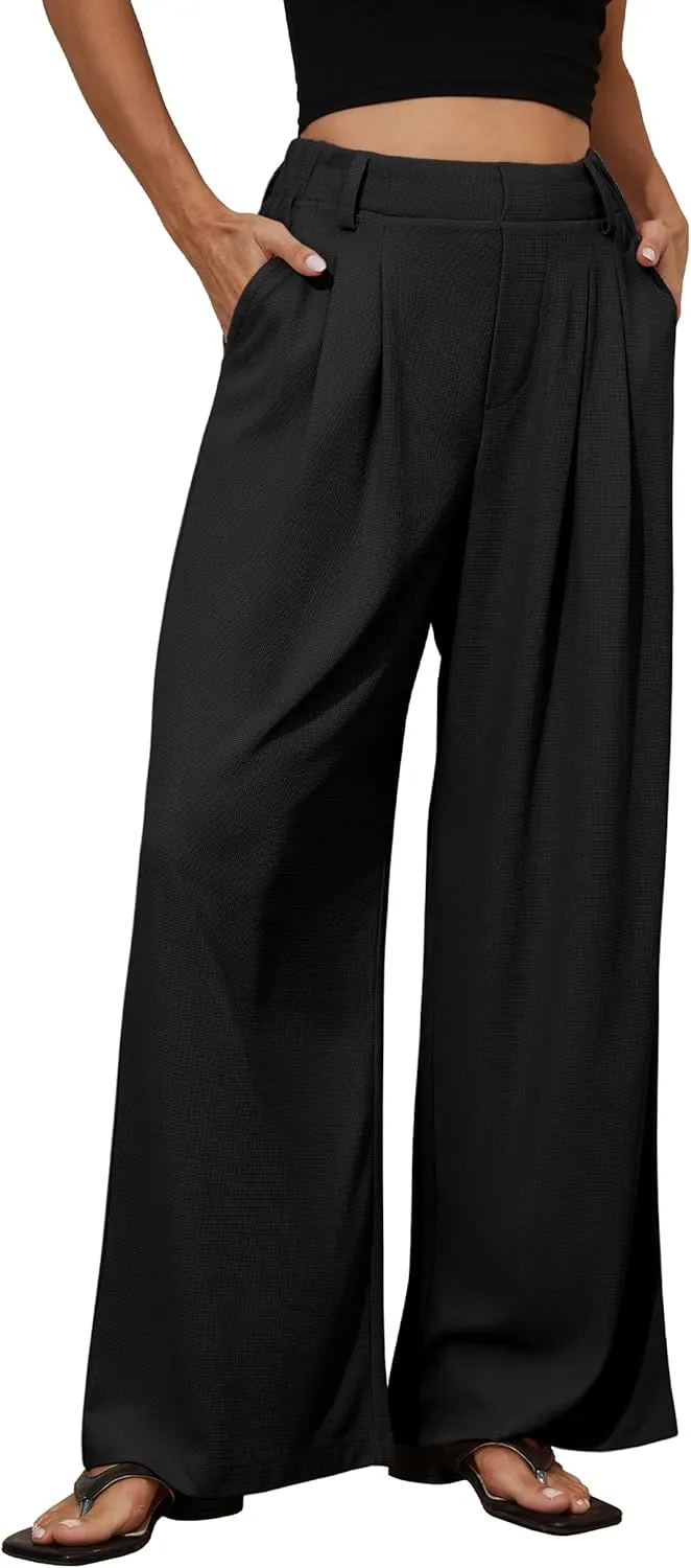 PrettyGuide Women's Wide Leg Dress Pants Elastic High Waisted Waffle Knit Work Pants Casual Palazzo Trousers with Pockets