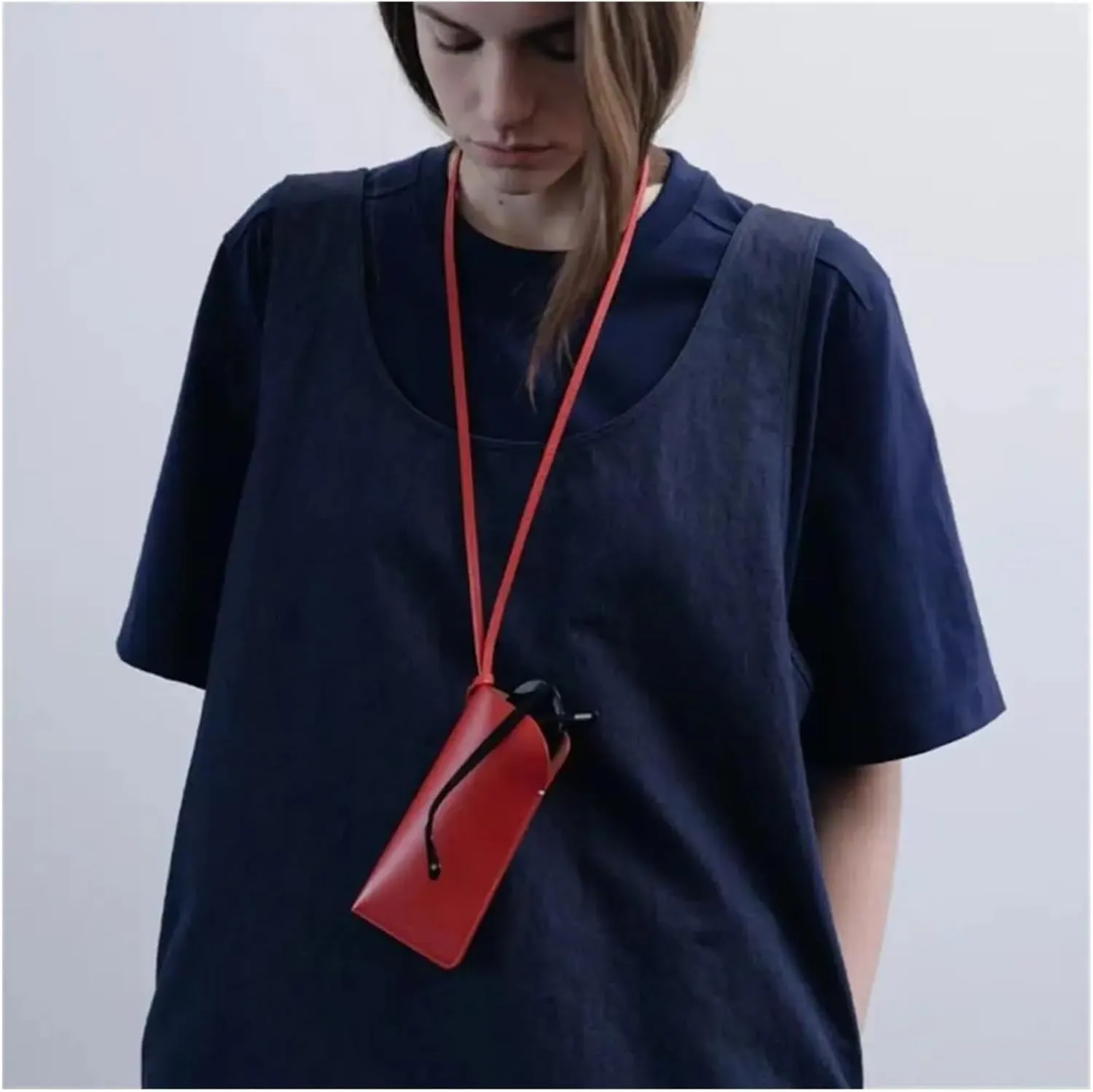 PU Leather Glasses Storage Bag Hanging Neck Glasses Case Sunglasses Storage Clip Solid Color Eyewear Bag