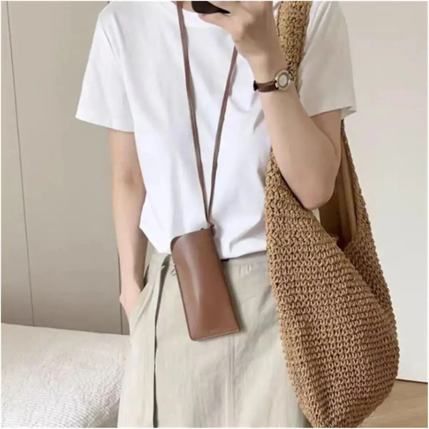 PU Leather Glasses Storage Bag Hanging Neck Glasses Case Sunglasses Storage Clip Solid Color Eyewear Bag