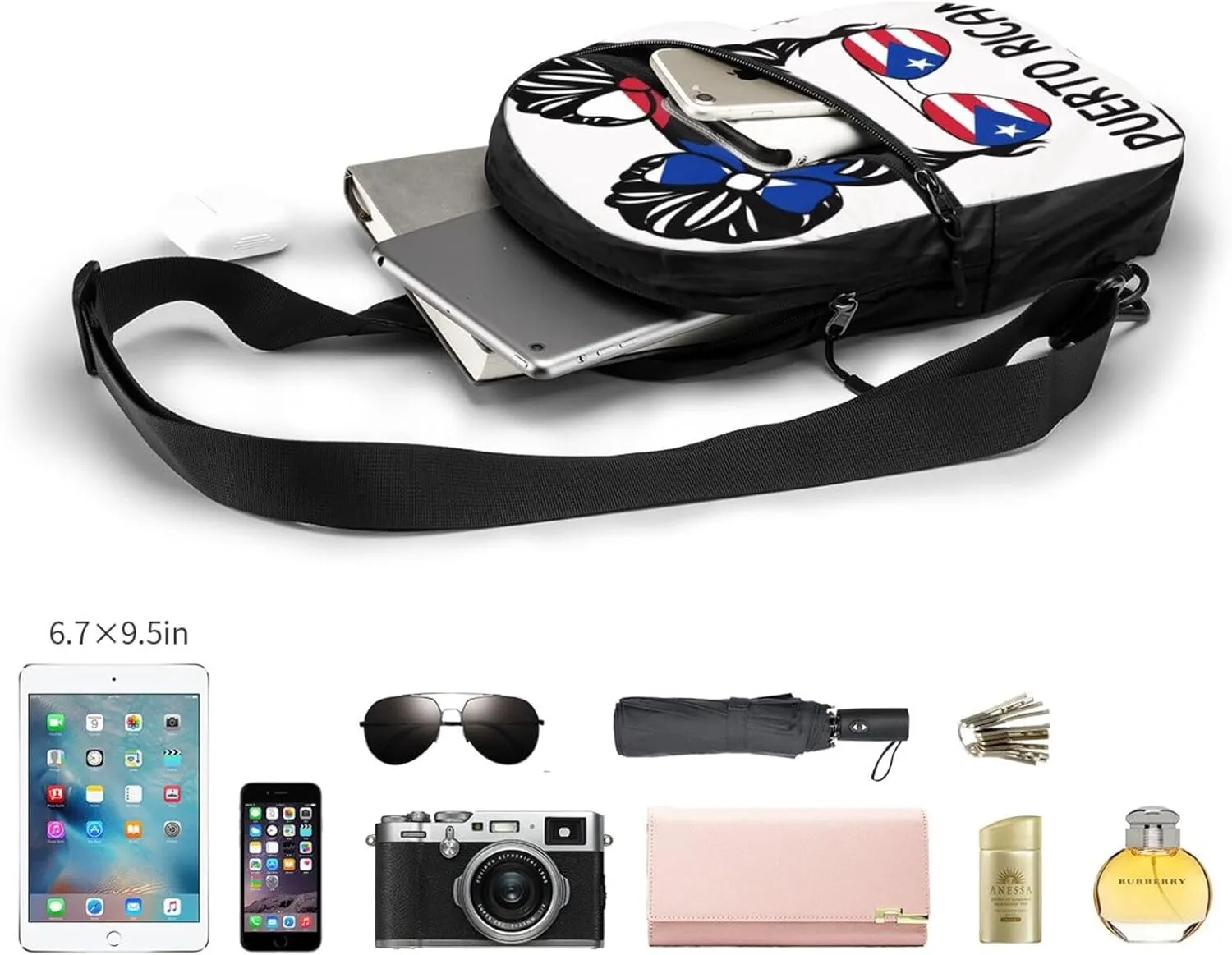 Puerto Rican Girl Messy Hair Sunglasses Portable Crossbody Bag Foldable Sling Bags Sports Gym Chest Daypack Reusable Shoulder Backpack Casual Diagonally Rucksack Fanny Packs