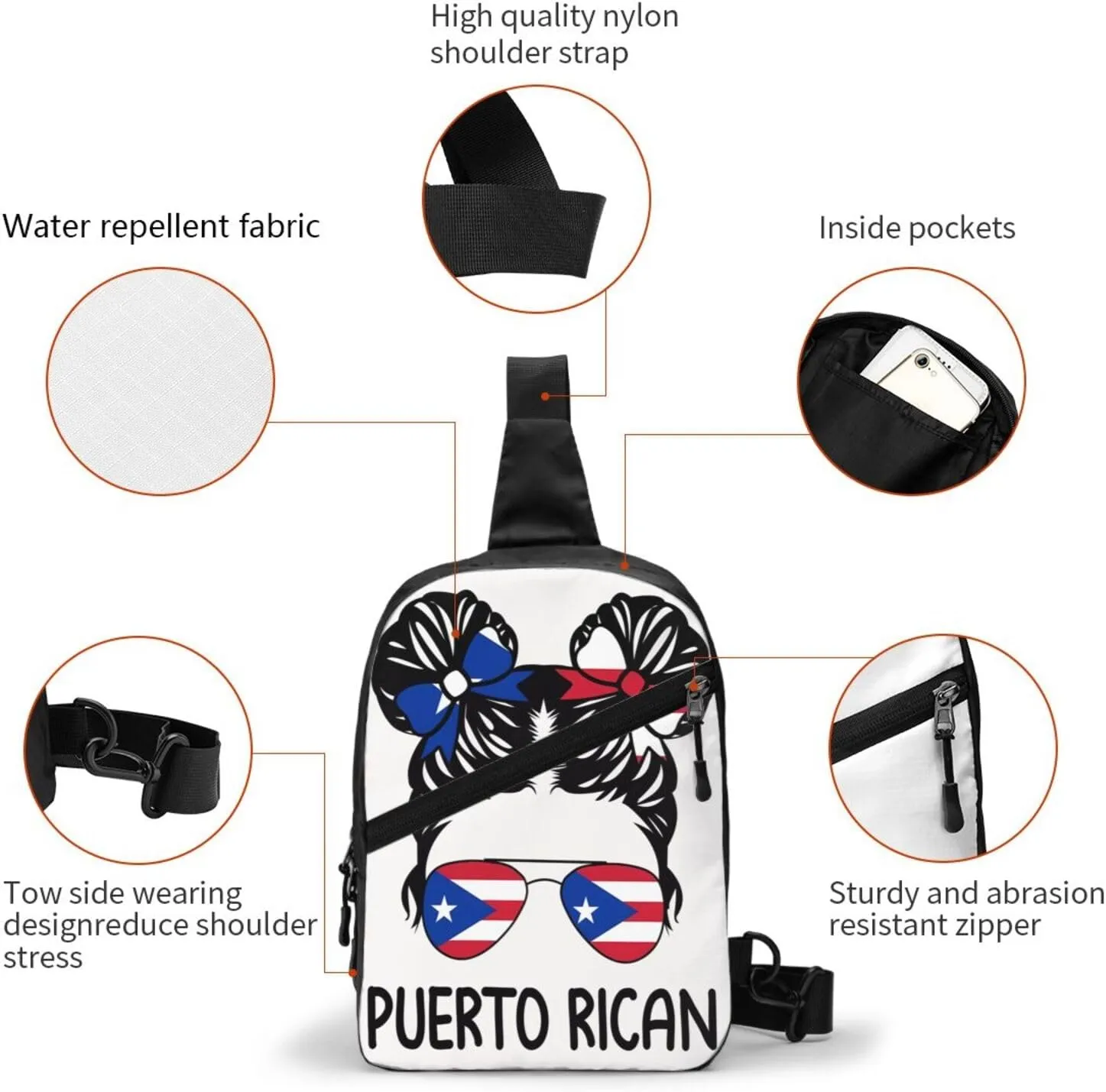 Puerto Rican Girl Messy Hair Sunglasses Portable Crossbody Bag Foldable Sling Bags Sports Gym Chest Daypack Reusable Shoulder Backpack Casual Diagonally Rucksack Fanny Packs