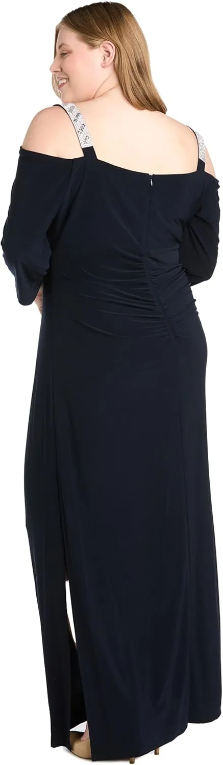 R&M Richards Womens Rhinestone Ruched Evening Dress