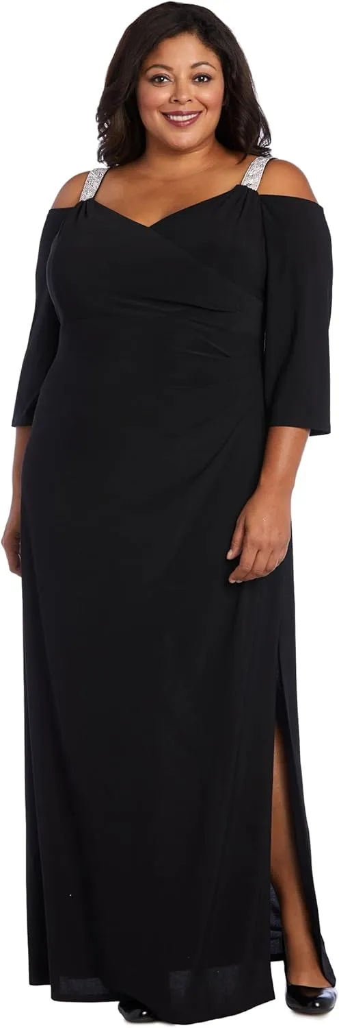 R&M Richards Womens Rhinestone Ruched Evening Dress