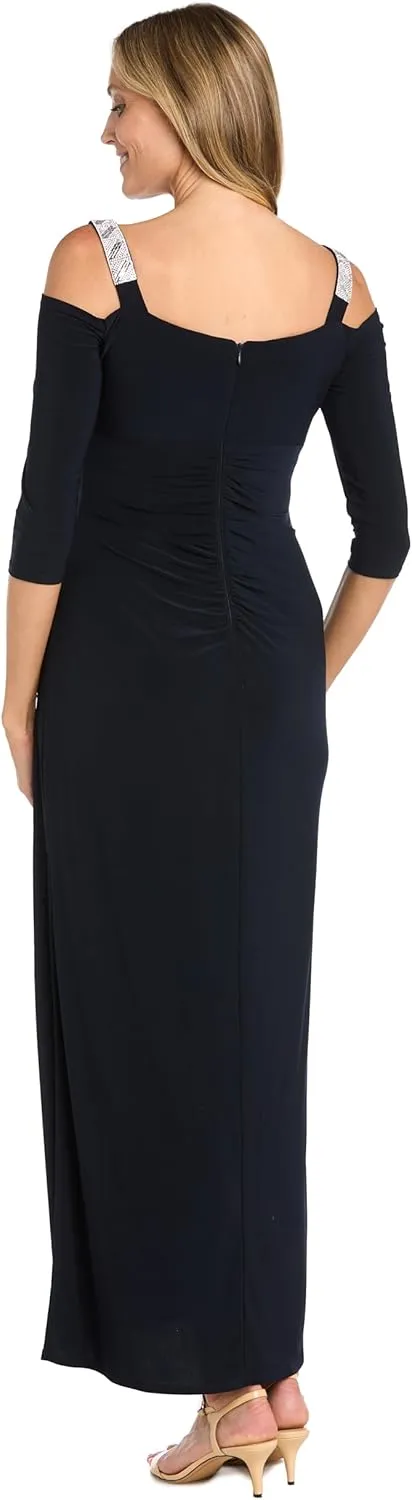 R&M Richards Womens Rhinestone Ruched Evening Dress
