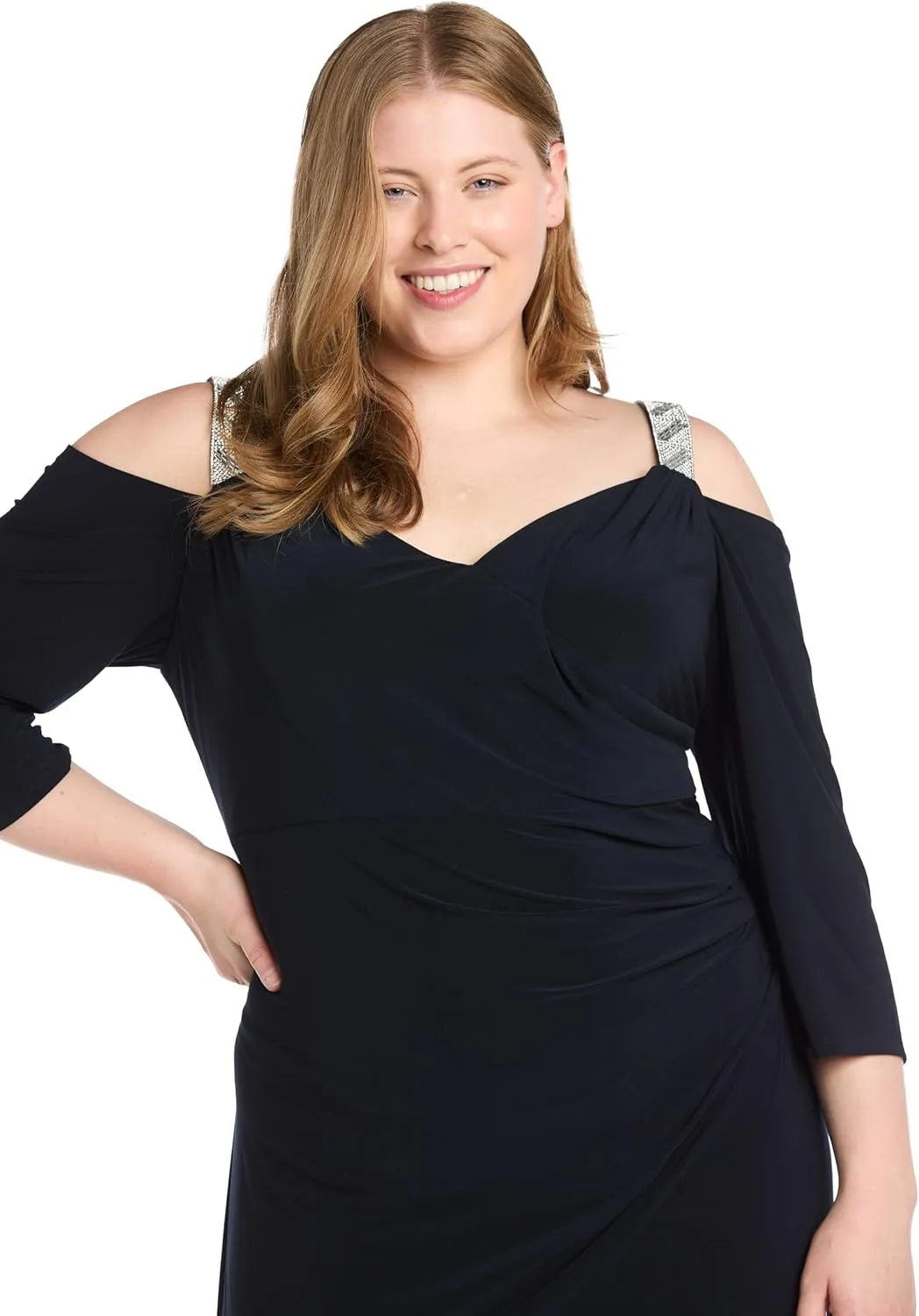 R&M Richards Womens Rhinestone Ruched Evening Dress