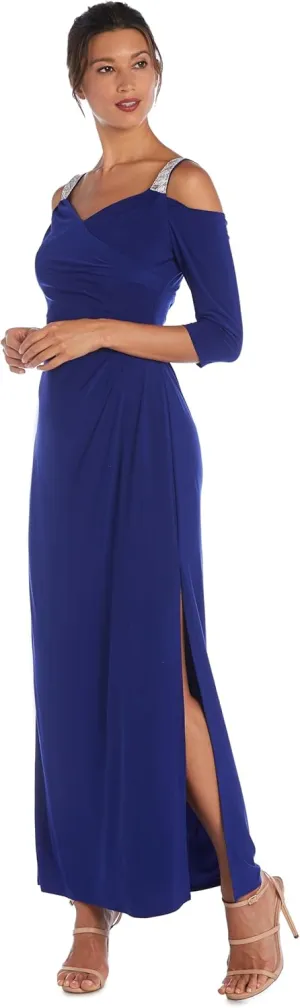 R&M Richards Womens Rhinestone Ruched Evening Dress