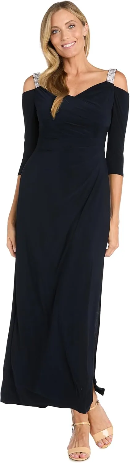 R&M Richards Womens Rhinestone Ruched Evening Dress