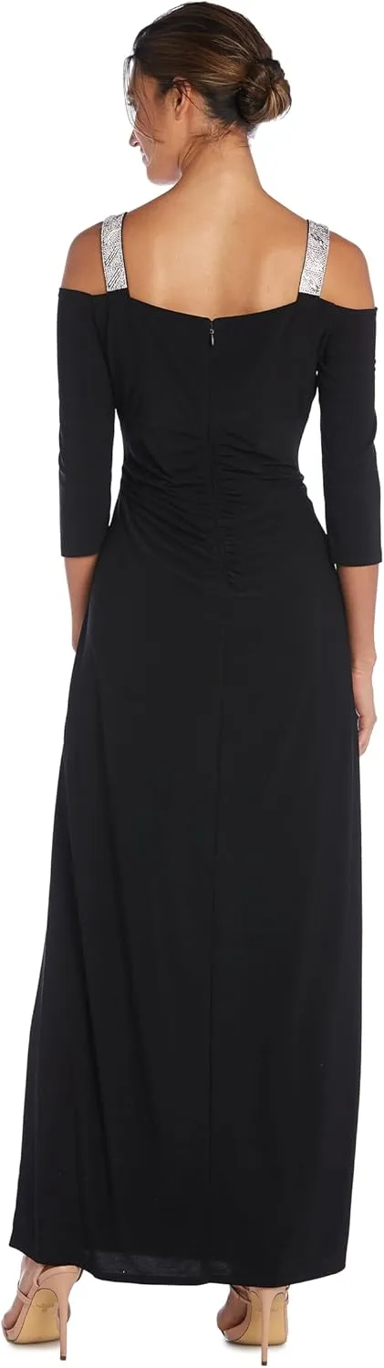 R&M Richards Womens Rhinestone Ruched Evening Dress