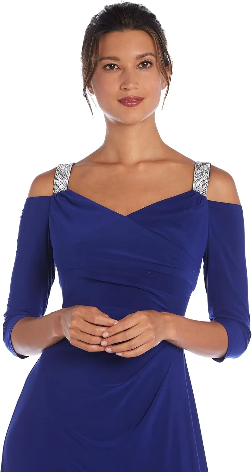 R&M Richards Womens Rhinestone Ruched Evening Dress