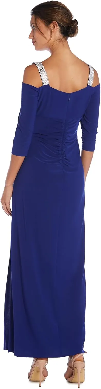 R&M Richards Womens Rhinestone Ruched Evening Dress
