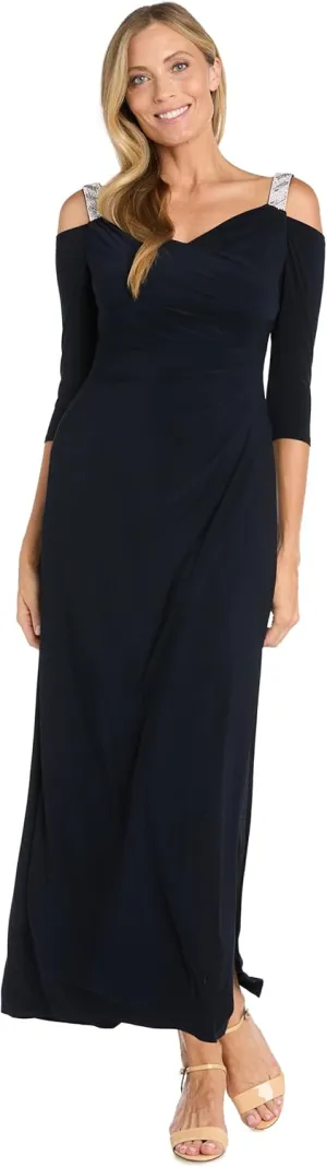 R&M Richards Womens Rhinestone Ruched Evening Dress