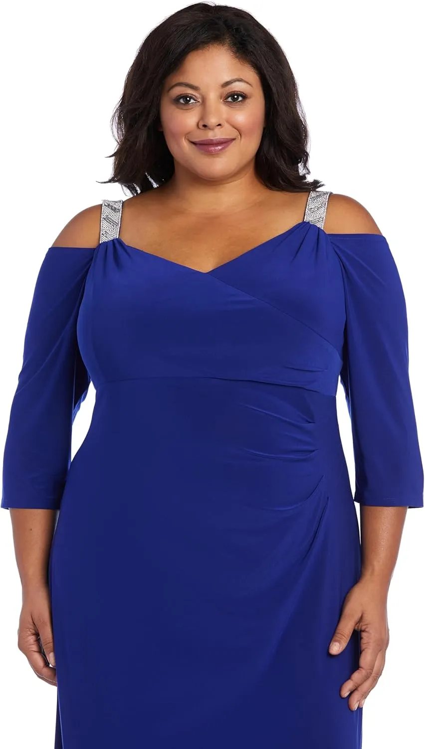 R&M Richards Womens Rhinestone Ruched Evening Dress