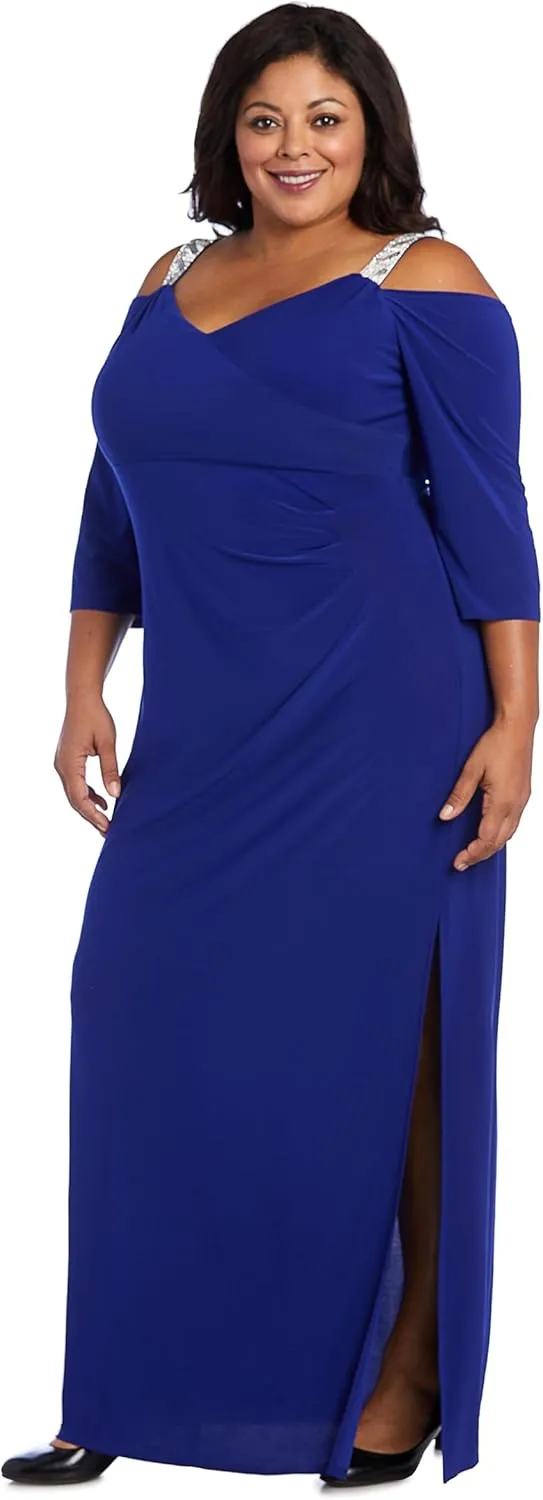 R&M Richards Womens Rhinestone Ruched Evening Dress