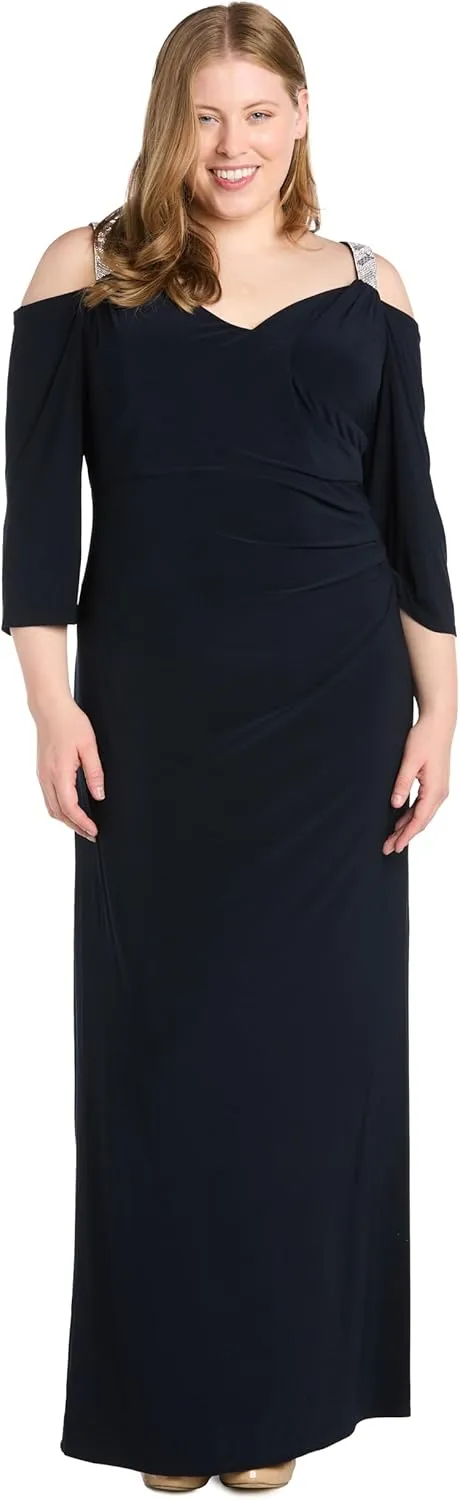 R&M Richards Womens Rhinestone Ruched Evening Dress