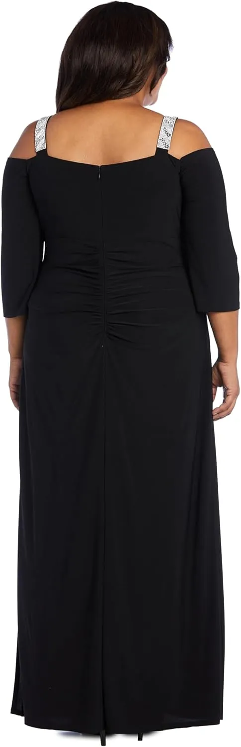 R&M Richards Womens Rhinestone Ruched Evening Dress