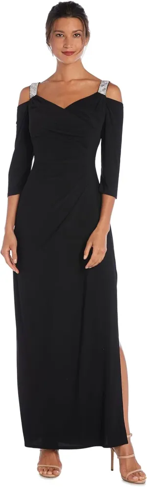 R&M Richards Womens Rhinestone Ruched Evening Dress