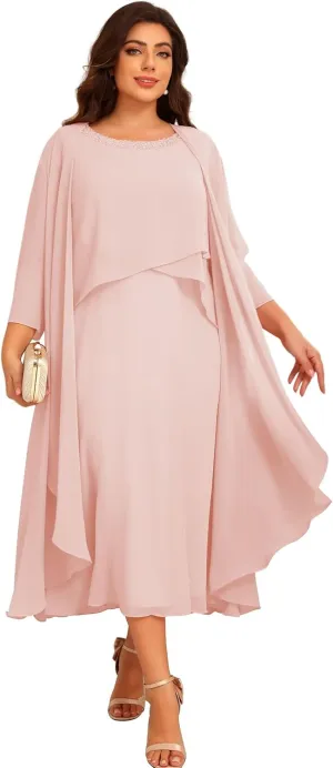 Raseal 2 Pieces Mother of The Bride Dresses for Wedding 3/4 Sleeve Chiffon Tiered Party Dress with Jacket RS149