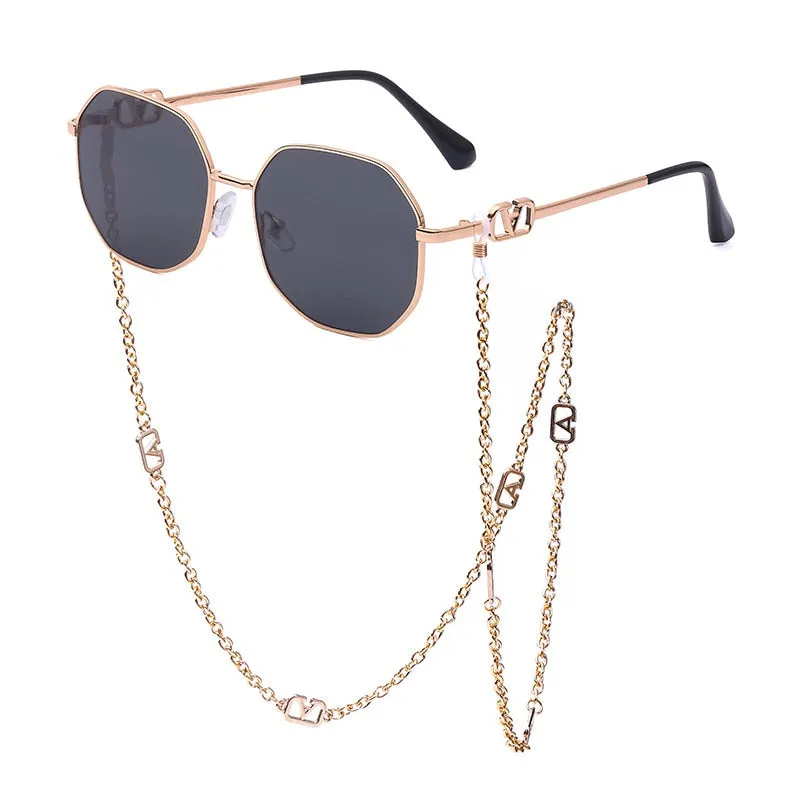 Retro Polygon Sunglasses with Glasses Chain