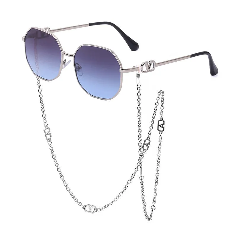 Retro Polygon Sunglasses with Glasses Chain