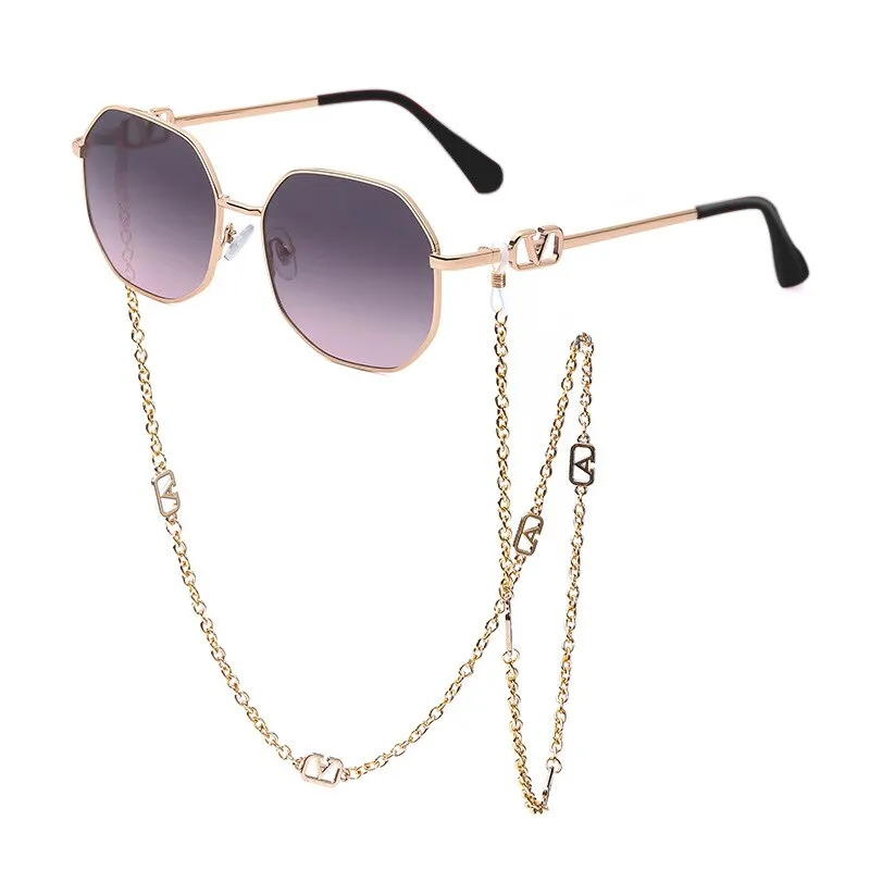 Retro Polygon Sunglasses with Glasses Chain