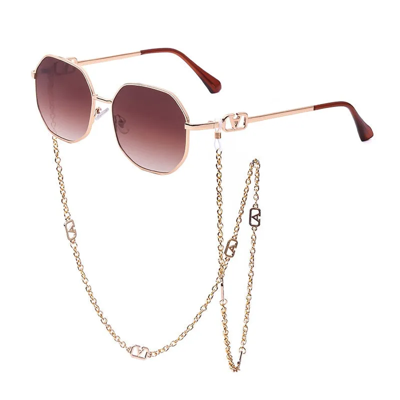 Retro Polygon Sunglasses with Glasses Chain