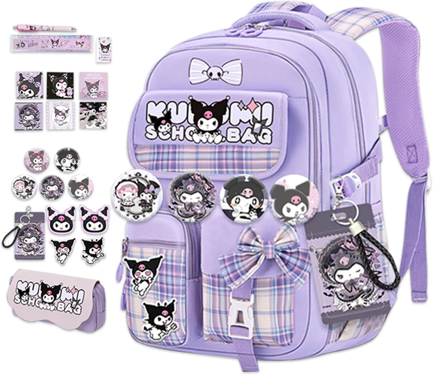 Roffatide Anime Kawaii School Backpack for Girls Boys with 21Pcs Accessories Cartoon Students Aesthetic New Semester Gifts Laptop Backpack with Cute Pins, Anti-Theft, ID Badge Holder Purple