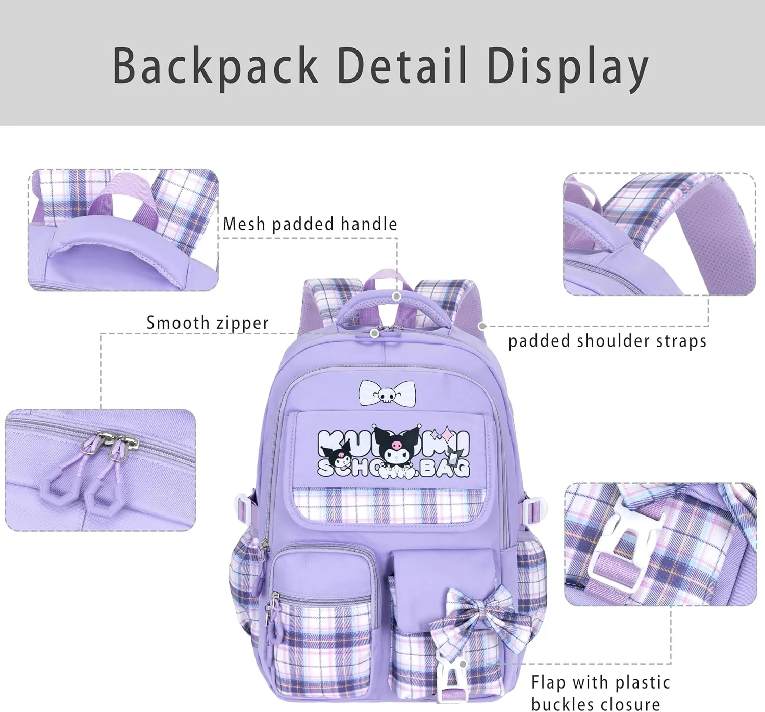 Roffatide Anime Kawaii School Backpack for Girls Boys with 21Pcs Accessories Cartoon Students Aesthetic New Semester Gifts Laptop Backpack with Cute Pins, Anti-Theft, ID Badge Holder Purple