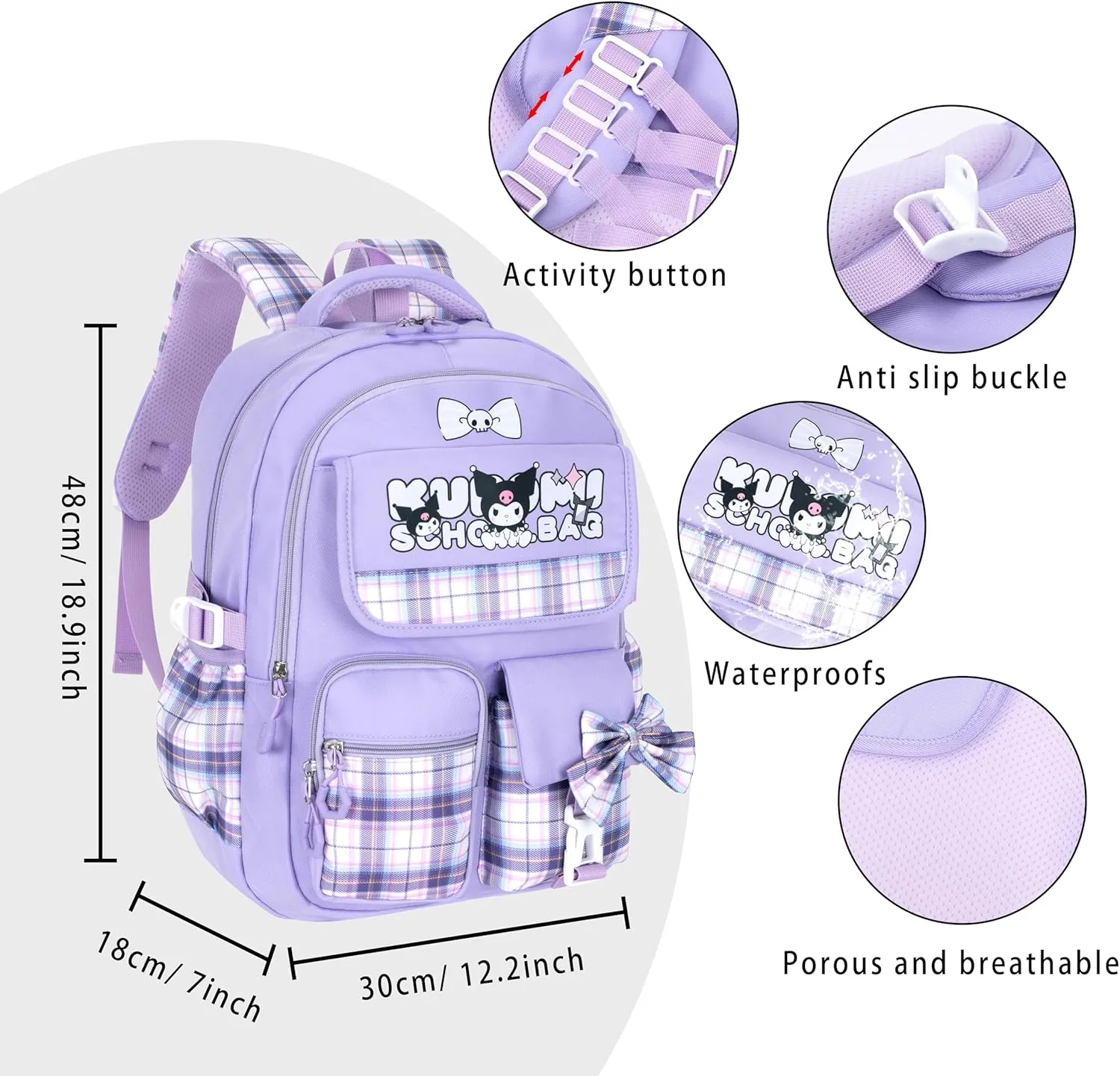 Roffatide Anime Kawaii School Backpack for Girls Boys with 21Pcs Accessories Cartoon Students Aesthetic New Semester Gifts Laptop Backpack with Cute Pins, Anti-Theft, ID Badge Holder Purple