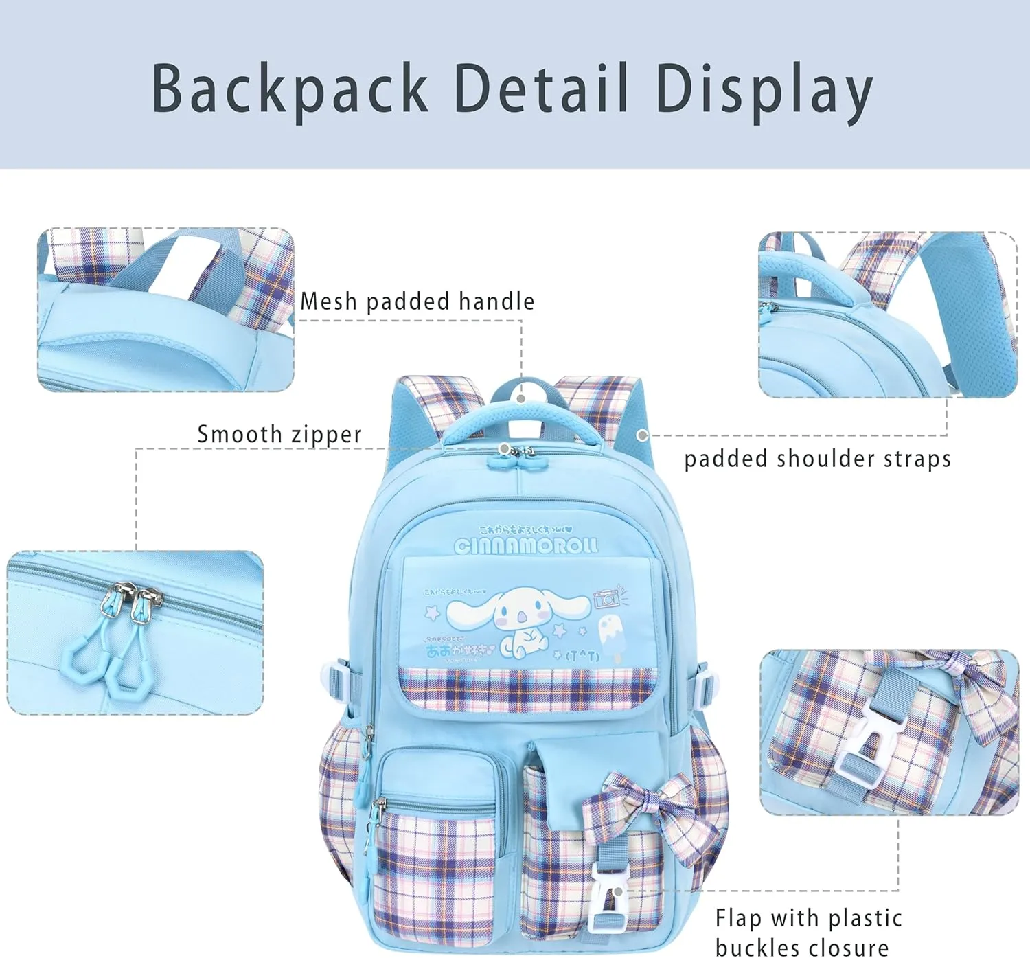 Roffatide Anime Kawaii School Backpack for Girls Boys with 21Pcs Accessories Cartoon Students Aesthetic New Semester Gifts Laptop Backpack with Cute Pins, Anti-Theft, ID Badge Holder