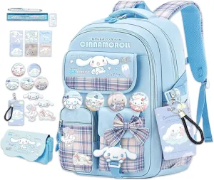 Roffatide Anime Kawaii School Backpack for Girls Boys with 21Pcs Accessories Cartoon Students Aesthetic New Semester Gifts Laptop Backpack with Cute Pins, Anti-Theft, ID Badge Holder