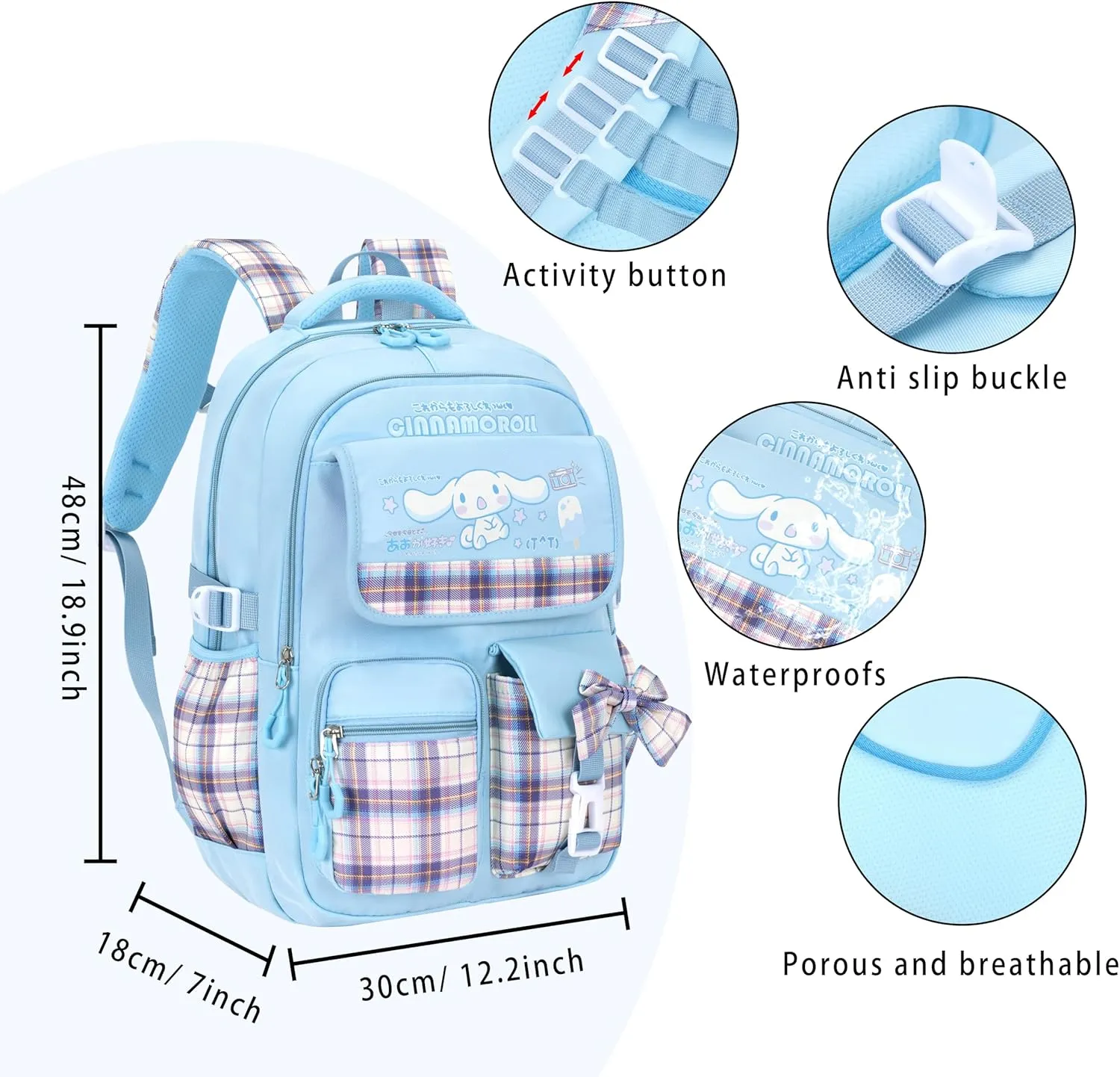 Roffatide Anime Kawaii School Backpack for Girls Boys with 21Pcs Accessories Cartoon Students Aesthetic New Semester Gifts Laptop Backpack with Cute Pins, Anti-Theft, ID Badge Holder