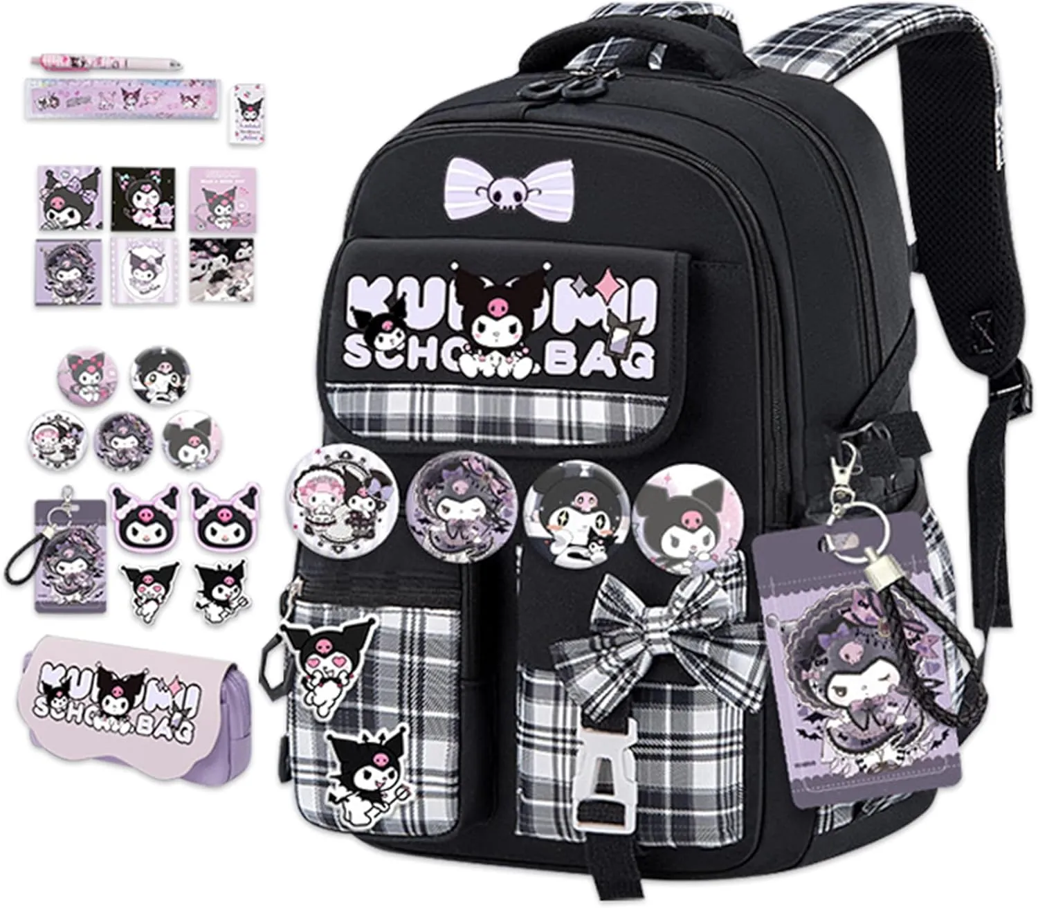 Roffatide Anime Kuromi Kawaii School Backpack for Girls Boys with 21Pcs Accessories Cartoon Students Aesthetic New Semester Gifts Laptop Backpack with Cute Pins, Anti-Theft, ID Badge Holder Black A