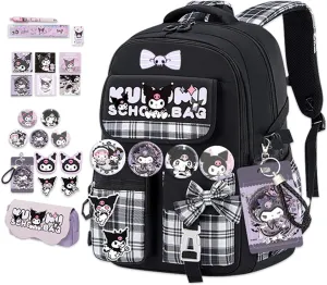 Roffatide Anime Kuromi Kawaii School Backpack for Girls Boys with 21Pcs Accessories Cartoon Students Aesthetic New Semester Gifts Laptop Backpack with Cute Pins, Anti-Theft, ID Badge Holder Black A