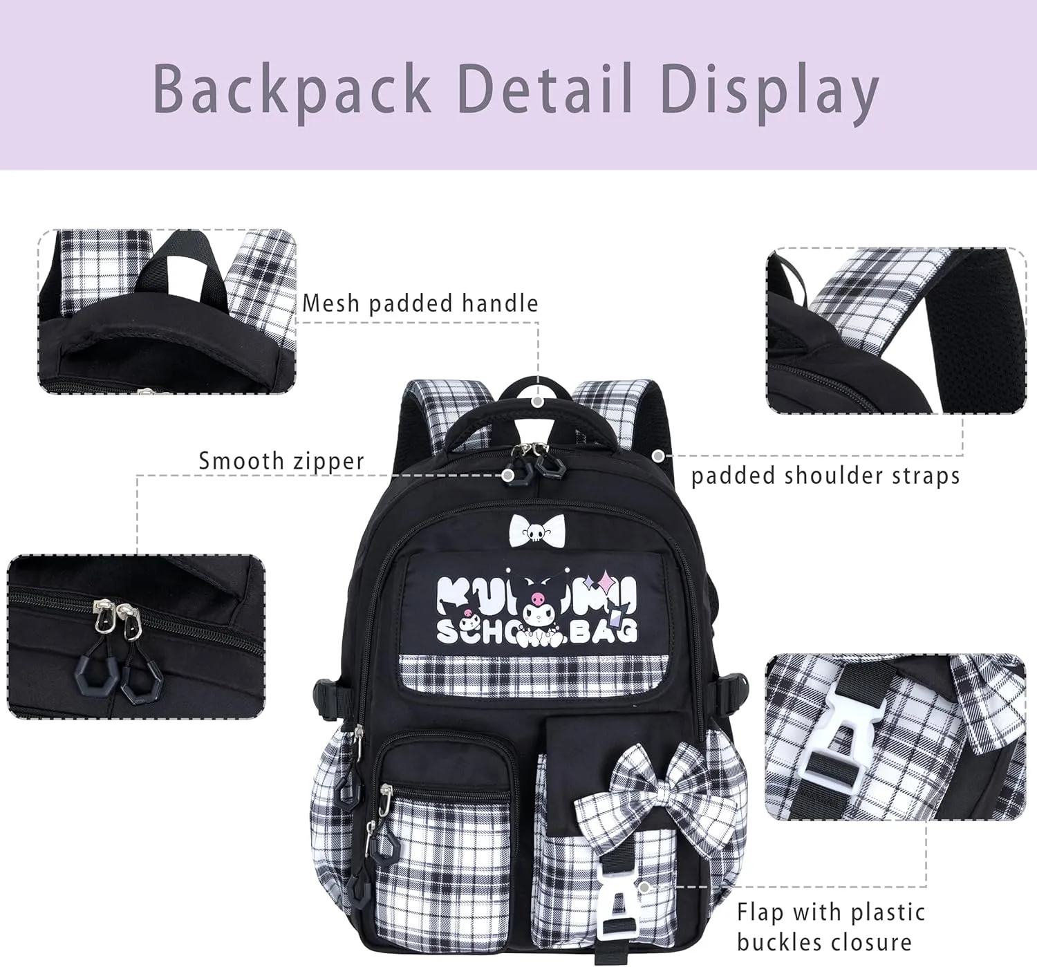 Roffatide Anime Kuromi Kawaii School Backpack for Girls Boys with 21Pcs Accessories Cartoon Students Aesthetic New Semester Gifts Laptop Backpack with Cute Pins, Anti-Theft, ID Badge Holder Black A