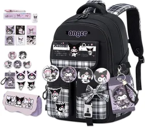 Roffatide Anime Kuromi Kawaii School Backpack for Girls Boys with 21Pcs Accessories Cartoon Students Aesthetic New Semester Gifts Laptop Backpack with Cute Pins, Anti-Theft, ID Badge Holder Black B