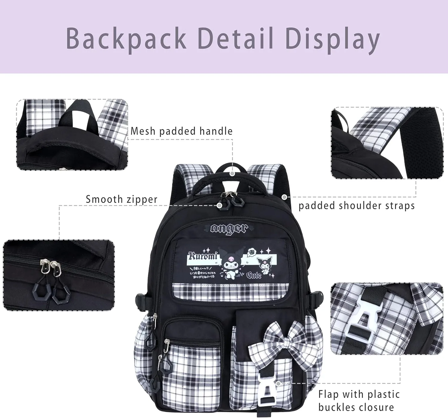 Roffatide Anime Kuromi Kawaii School Backpack for Girls Boys with 21Pcs Accessories Cartoon Students Aesthetic New Semester Gifts Laptop Backpack with Cute Pins, Anti-Theft, ID Badge Holder Black B